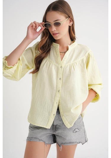 4733 Kadın Büzgü Robalı Uzun Kol Müslin Gömlek Tereyağı Sarısı Tereyağı Sarısı
