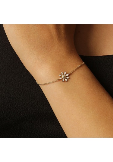 Beyaz Mineli Papatya Bileklik Sarı Altın