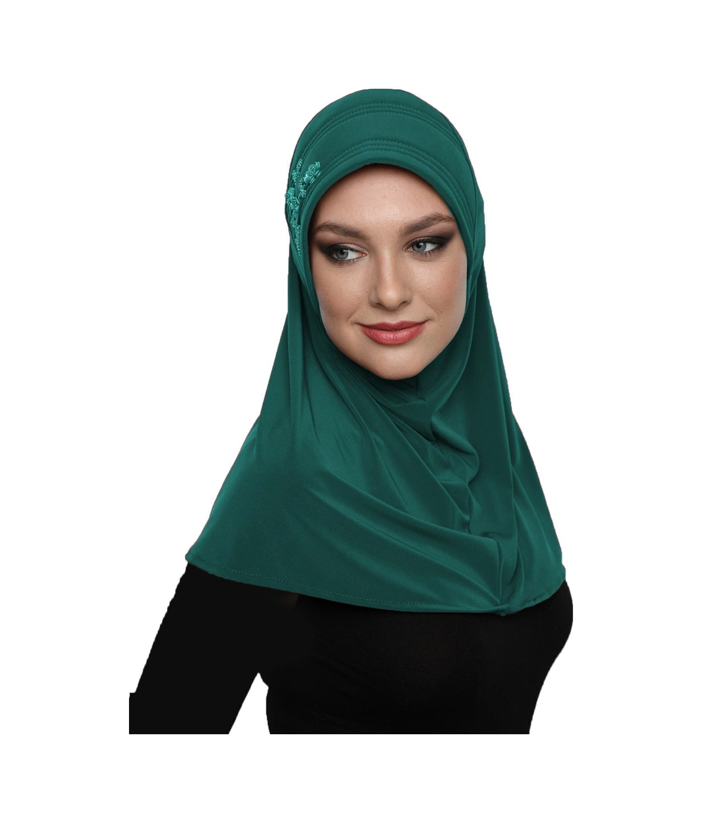 Takmatik Taşlı El Işi Boncuk Işlemeli Yeşil Hazır Türban Tesettür Bone Namaz Örtüsü Hürrem