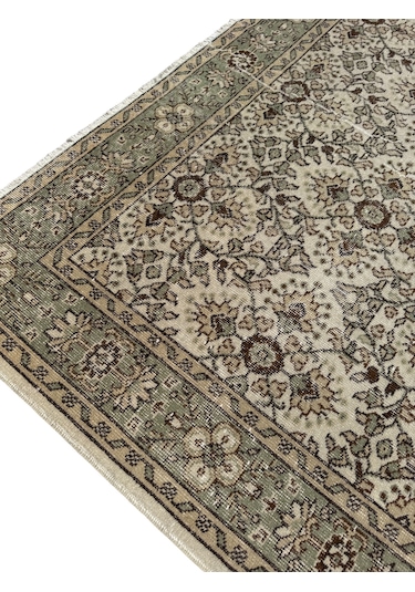 El Dokuma Vintage Isparta Halısı 202x335 Krem Kahve Eskitme Halı Kahverengi - Krem