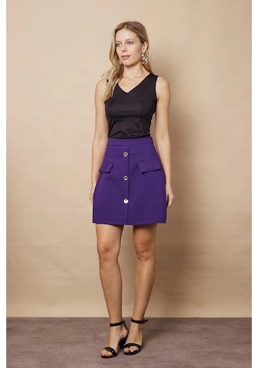 Kadın Diz Üstü Yüksek Bel Önü Düğmeli Cep Kapaklı Hafif Likralı Kumaş Çan Etek-mor Mor