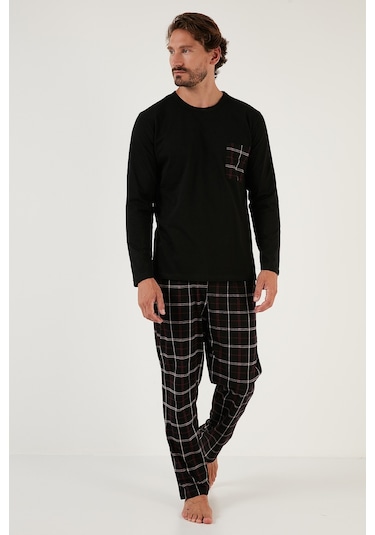 Buratti  Ekoseli Cepli Beli Lastikli % 100 Pamuk Regular Fit Erkek Pijama Takımı 6572001 Siyah