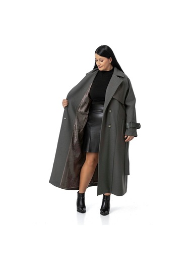 Büyük Beden Deri Biye Detaylı Fleto Cepli Kuşaklı Astarlı Kaşe Uzun Gri Kaban Gri