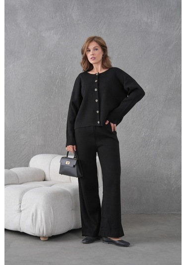 Kadın Bisiklet Yaka Düğme Kapama Kaşkorse Ceket Pantolon İkili Triko Takım Siyah