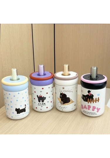 Sızdırmaz 500ml Yalıtımlı Su Bardağı Karikatür Siyah Kedi Termos Mat Siyah