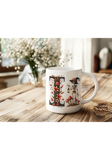 I Harfi Şapkalı İskelet Figürlü Ve Çiçekli Kupa Bardak - Cadılar Bayramı / Halloween Özel Hediye Beyaz