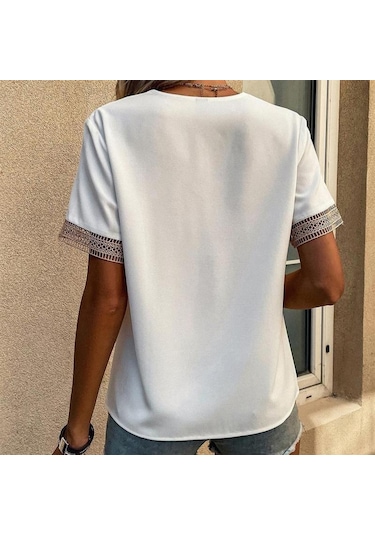 Kadın Modası Rahat Yaz Bahar Düz Renk Baskı Dantel Kısa Kollu V Yaka Bluzlar Ve Gömlekler Beyaz