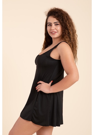 Kadın Büyük Beden Düz Askılı Etekli Elbise Mayo Siyah-siyah 30644 - 1 Siyah