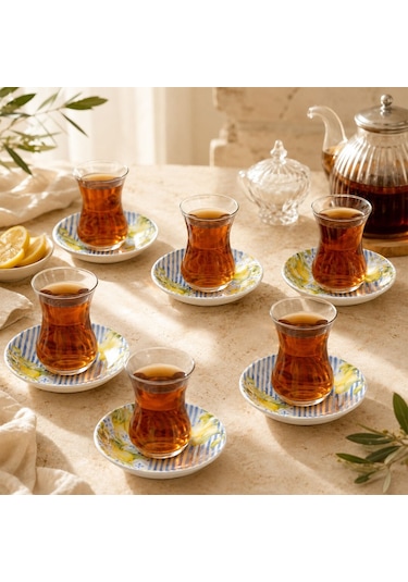 Fecra Limonte 6 Parça Çay Fincan Tabağı Mavi - Sarı