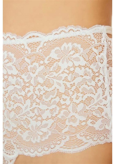 Krem Dantelli Lastik Detaylı Yüksek Bel Kadın Tanga Külot Krem