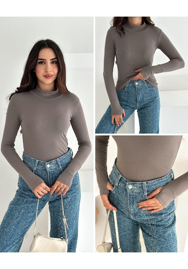Kadın Yarım Balıkçı Yaka Parmak Geçmeli Full Likralı Buzz Body Vizon
