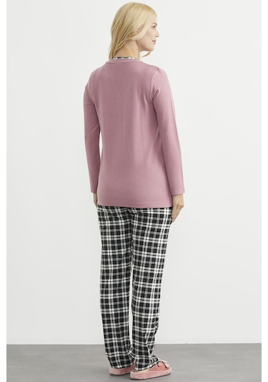 Sementa Ekose Kombinli Düğmeli Pijama Takım - Gül Kurusu Gül Kurusu