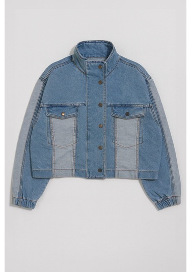 Kadın Renk Bloklu Oversize Jean Ceket mavi