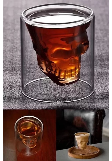 3'lü Kuru Kafa Tasarımlı Çift Cidarlı Cam Bardak Kahve Sunum Bar