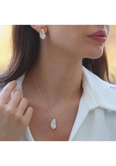 İstiridye İncili Damla Gold Gümüş Set Gümüş