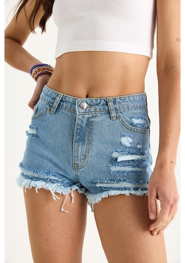 Shade Kadın Cep Detaylı Püsküllü Yırtık Denim Şort 60283399 - Mavi