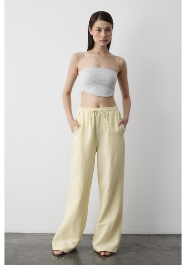 Sarı Beli Lastikli Pamuklu Keten Pantolon Sarı