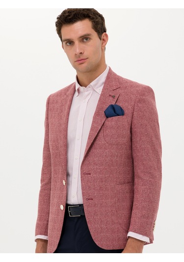 Cacharel Bordo Slim Fit Yün Keten Karışımlı Ceket Kırmızı