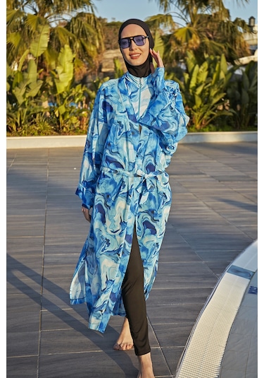 Remsa Mayo Remsa Tesettür Mayo Üzerine Tek Kaftan Kimono Pareo Rp010 Nil Mavi