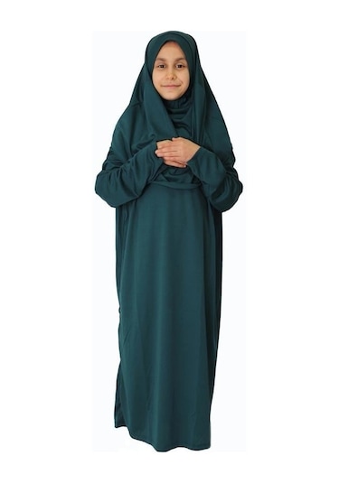Kız Çocuk Tek Parça Namaz Elbisesi Gül Kurusu-zümrüt Zümrüt Yeşili