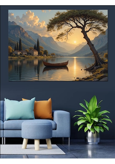 Göl Kıyısında Günbatımı Dekoratif Kanvas - Mdf Ahşap Tablo