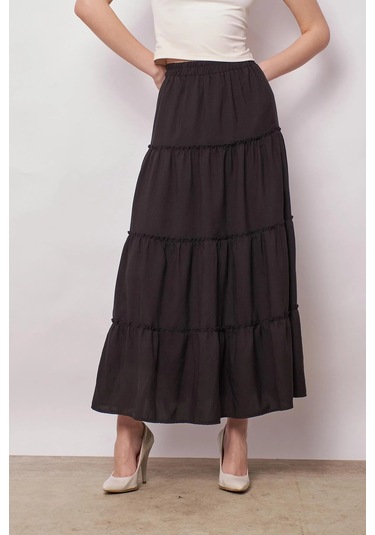Kadın İç Göstermez Midi Boy Fırfırlı Beli Lastikli Etek -siyah Siyah