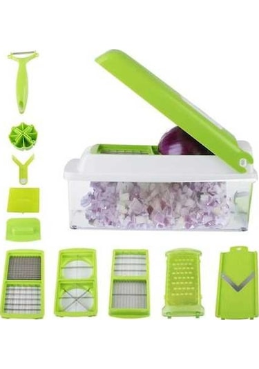 Pazly Yeşil Pp Ve Paslanmaz Çelik Meyve Sebze Doğrayıcı Seti, 1500ml Toplayıcı, 6/8 Parçalı, Profesyonel Soyacak İle Yeşil
