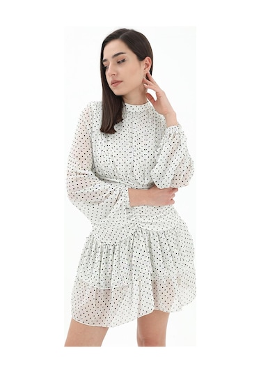 Büzgülü Puantiyeli Şifon Elbise - Ekru-ekru Ekru