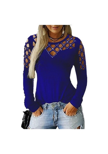 Gmxıa Kadın Modası Rahat Yazlık Hollow Iron Matkap Düz Renk Baskı Uzun Kollu O-yaka Bol Bluzlar Ve Gömlekler Mavi