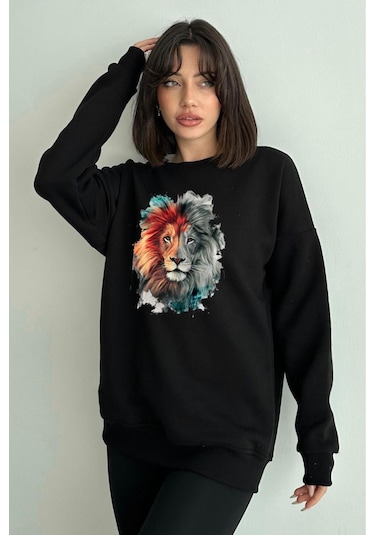 Kadın Siyah Aslan Baskılı Oversize Sweatshirt Siyah