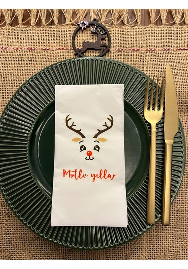 Geyik Mutlu Yıllar Baskılı Yılbaşı Peçetesi Beyaz16 Adet