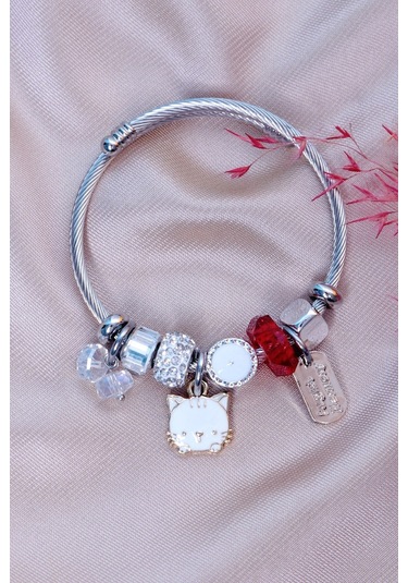 Bhs Life Kadın Charmlı Beyaz Kedi Çelik Bileklik Beyaz