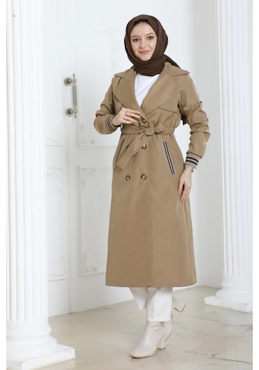 Bondit Kumaş Ribanalı Uzun Boy Trençkot / Açık Kahve - M0110 Açık Kahve Kahverengi