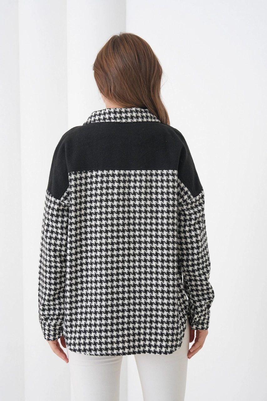 Kadın Desen Bloklu Oduncu Oversize Bol Ve Geniş Kalıp Casual Cepli Yakalı Ceket Gömlek Siyah