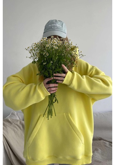 Madmext Sarı Kapüşonlu Şardonlu Oversize Sweatshirt Mg1566 Sarı