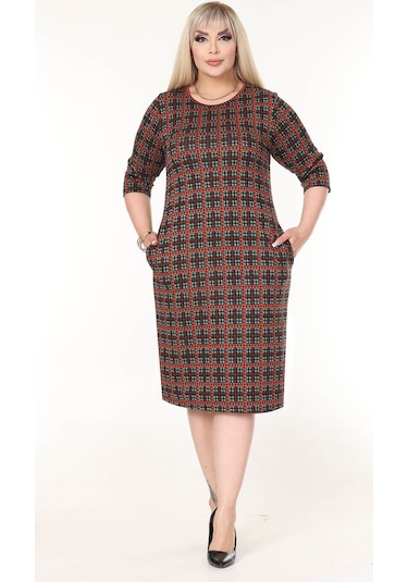 Çift Cepli Kışlık Büyük Beden Esnek Elbise 17c-2635 Desenli