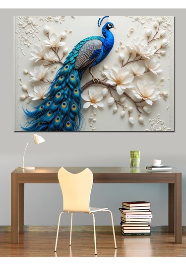 Beyaz Tavus Kuşu Kabartması Dekoratif Kanvas - Mdf Ahşap Tablo