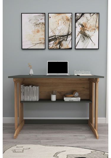Enda Home Pillar Kütüphaneli Geniş Çalışma Masası 100x56 Cm Çam - Antrasit Çam - Gri