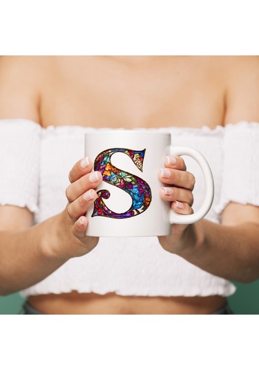 S Harfi Bardak 330 Ml İsme/harfe Özel Hediye, Renkli Harf Tasarım Beyaz