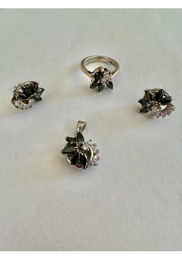 Aysesa Oniks Taşlı Kadın Gümüş Set 2küpe+kolye+yüzük 925 Ayar