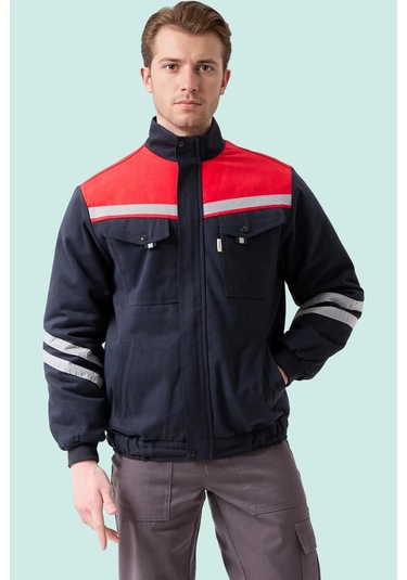 Kışlık İş Montu Grikırmızı Reflektörlü Gabardin Royal Mont İçi Kapitoneli Sıcak Tutan Lacivert-Kırmızı