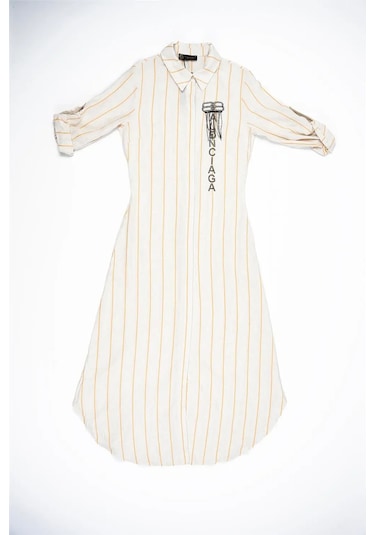 Kadın Krem Balenciaga Turuncu Çizgili Keten Elbise Turuncu