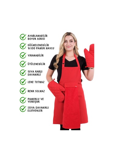 Star Ayar Askılı Havlulu 4lü Mutfak Önlüğü Seti 2 Eldiven Kırmızı-kırmızı-kırmızı