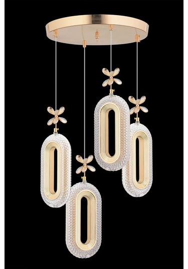 Modern Ledli 4'lü Gold 3 Renk Kristal Taşlı Avize Gold