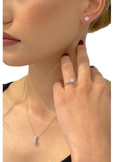Sertifikalı Swarovski Taş Altın Modeli Tek Taş 925 Gümüş Set Takı