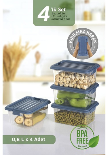 4'lü Set - 800ml Kilit Kapaklı Erzak Saklama Kabı - Difriz Buzdolabı Düzenleyici Saklama Kutusu Mavi Mavi