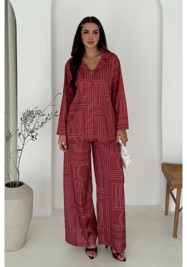 Geometrik Desen Modal Saten Takım Kırmızı Kırmızı