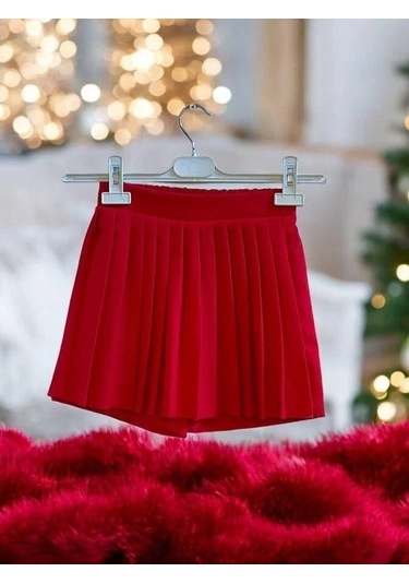 Kız Çocuk Önü Pileli Şort Etek-14904 Kırmızı