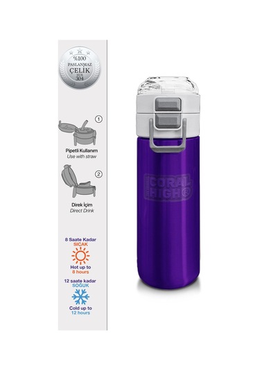 Coral High Kids Mor Pipetli Ve Direkt İçim Çelik Termos 500 Ml 31826 Mor