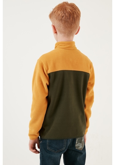 Lela Yumuşak Dokulu Yarım Fermuarlı Renk Bloklu Dik Yaka Unisex Çocuk Polar 5905004 Hardal-Haki